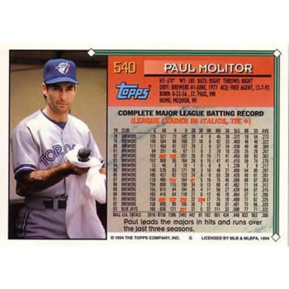 1994 Topps Paul Molitor # 540 Toronto Blue Jays